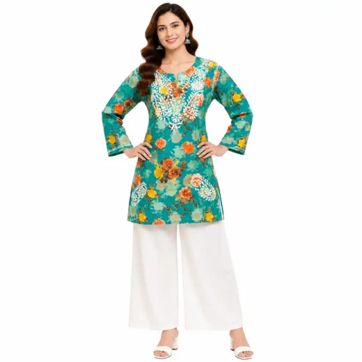 Teal Green Floral Chikankari Printed Short Kurti for Women