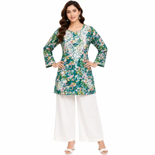 Teal Blue Floral Chikankari Printed Short Kurti for Women