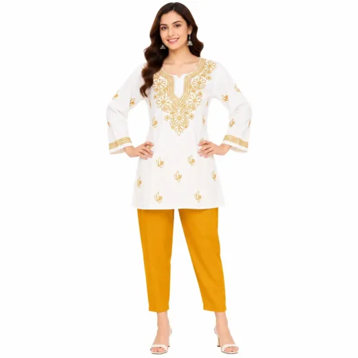 White Mustard Chikankari Embroidered Short Kurti for Women | Lucknowi Kurti