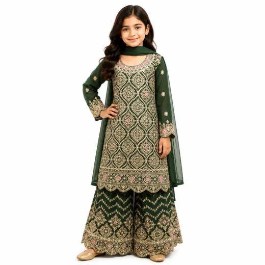 Girls Emerald Green Embroidered Sharara Set with Dupatta