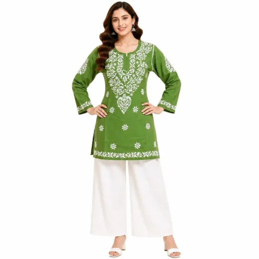 Olive Green Lucknowi Chikankari Embroidered Short Kurti for Women