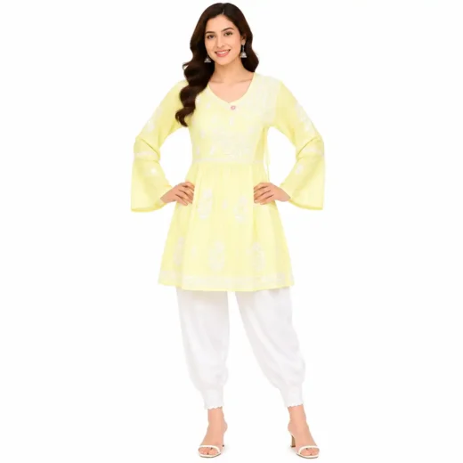Lemon Yellow Lucknowi Chikankari Embroidered Peplum Kurti for Women