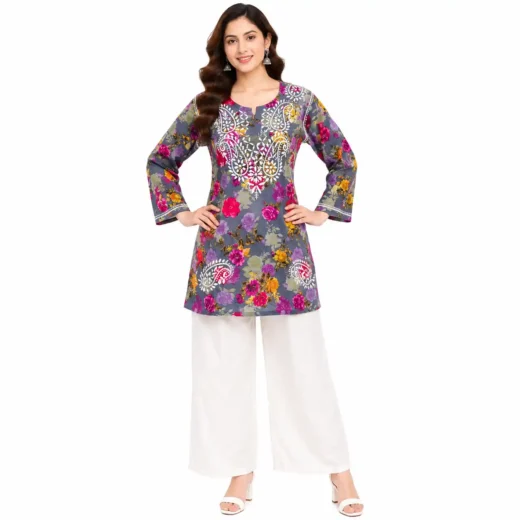 Grey Floral Chikankari Printed Short Kurti for Women