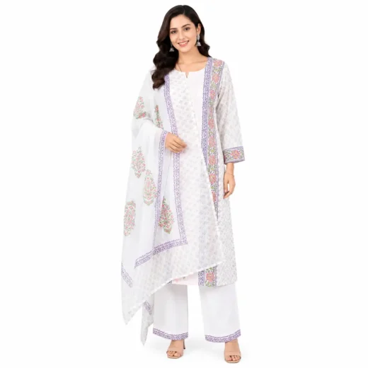 Women’s Off-White Printed Jute Cotton Kurta Set with Floral Dupatta