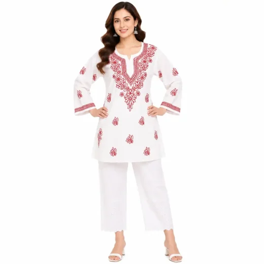 White Red Chikankari Embroidered Short Kurti for Women | Lucknowi Kurti