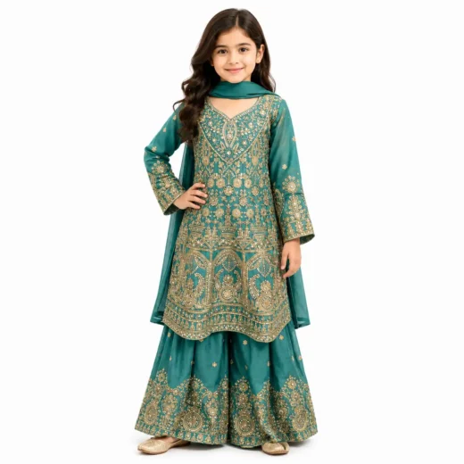 Girls Teal Green Embroidered Sharara Set with Dupatta