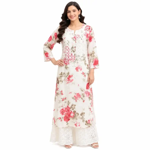 Women's Floral Print Chikankari Kurti