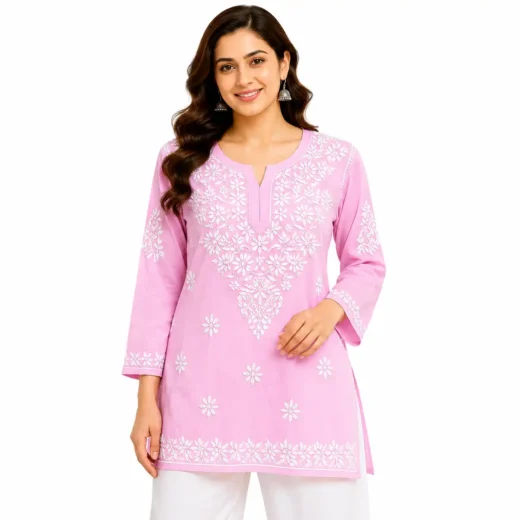 Women's Baby Pink Chikankari Embroidered Kurti