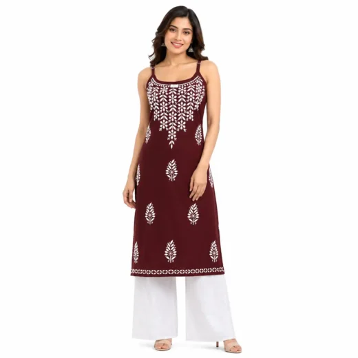 Maroon Chikankari Sleeveless Kurti