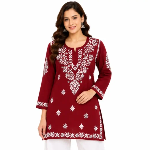 Women's Maroon Chikankari Embroidered Straight Kurti