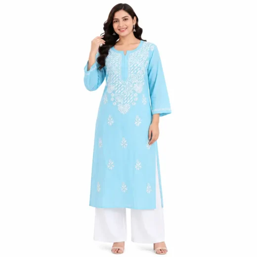 Sky Blue Women's Chikankari Embroidered Kurti