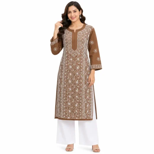 Brown Chikankari Embroidered Kurti
