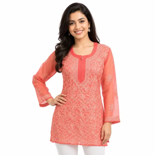 Women's Coral Pink Chikankari Embroidered Kurti