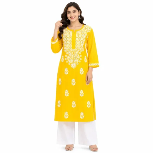 Women's Yellow Chikankari Embroidered Kurti