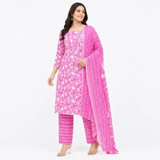 Women's Pink Floral Printed Kurta Pant Dupatta Set