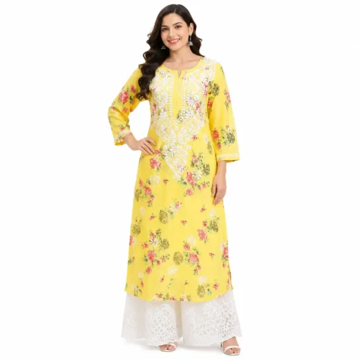 Yellow Floral Chikankari Kurti 