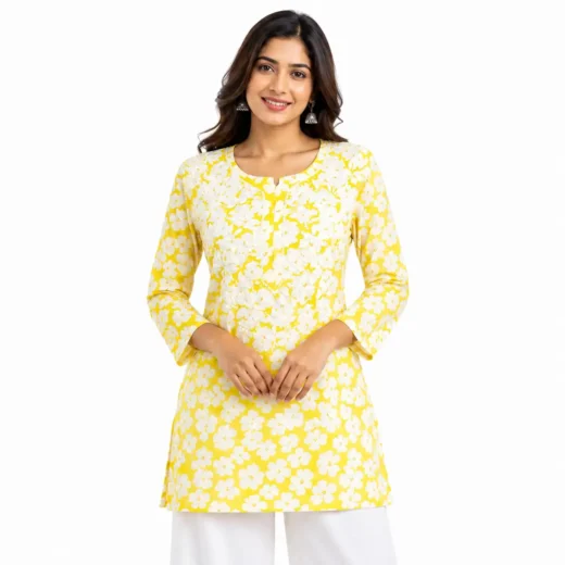 Yellow Floral Chikankari Kurti