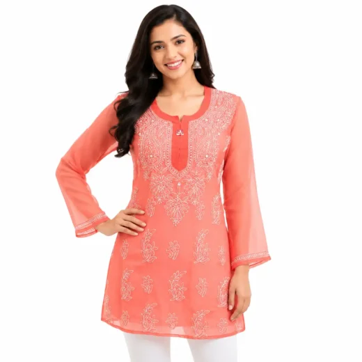 Coral Peach Chikankari Embroidered Kurti