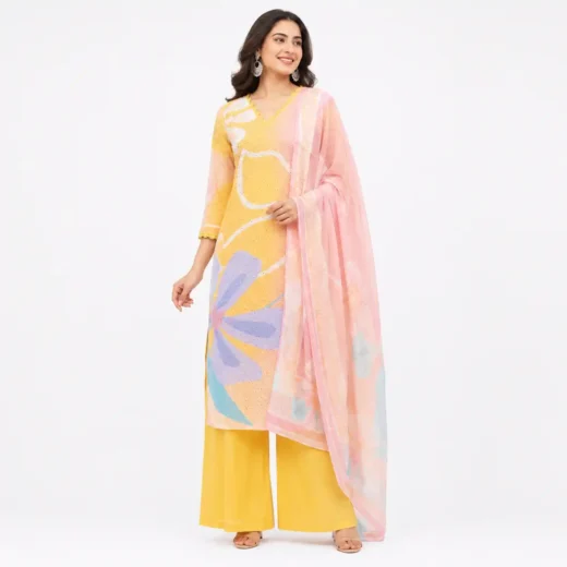 Women's Pastel Floral Kurta Palazzo Set with Dupatta