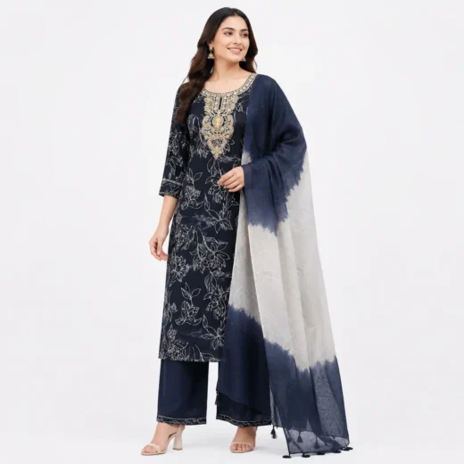 Navy Blue Embroidered Suit Set
