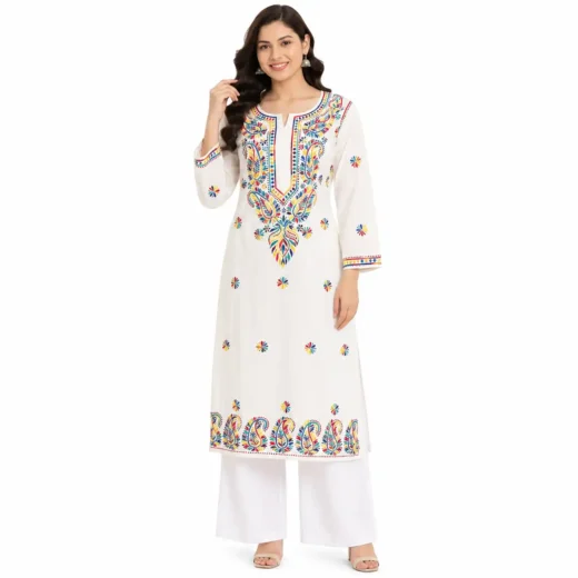 White Multicolor Embroidered Chikankari Kurti
