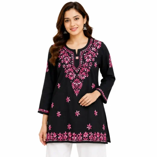 Black Chikankari Embroidered Straight Kurti