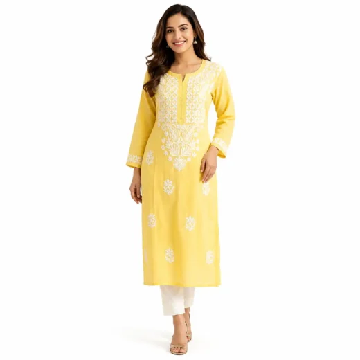 Yellow Chikankari Embroidered Kurti