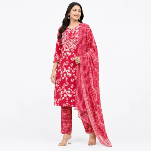 Women's Red Floral Printed Kurta Pant Dupatta Set