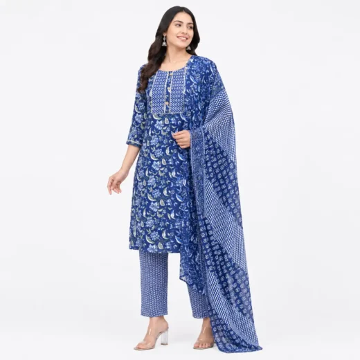 Women's Blue Floral Printed Kurta Pant Dupatta Set