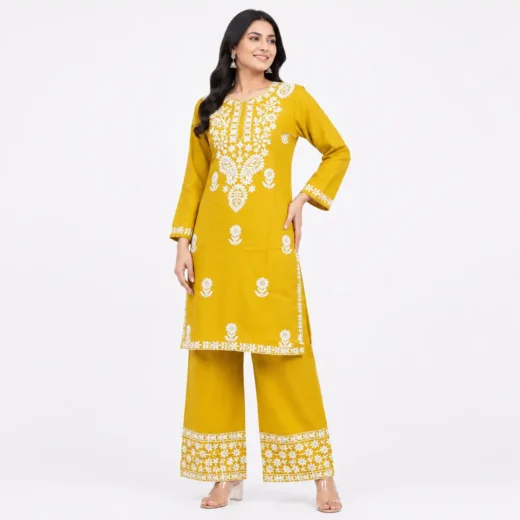 Women's Mustard Yellow Embroidered Kurta Palazzo Set