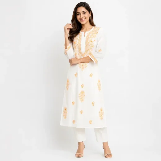 White & Peach Chikankari Embroidered Kurti
