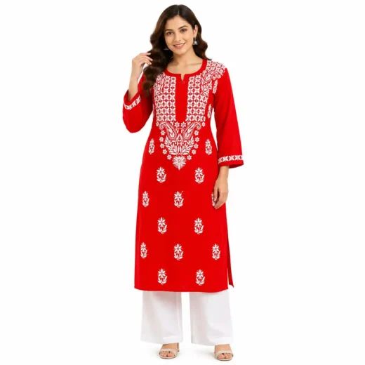 Red Chikankari Embroidered Kurti