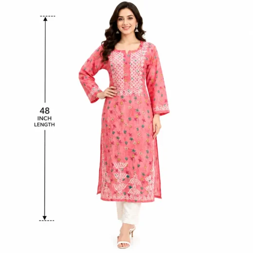 Pink Floral Chikankari Embroidered Kurti